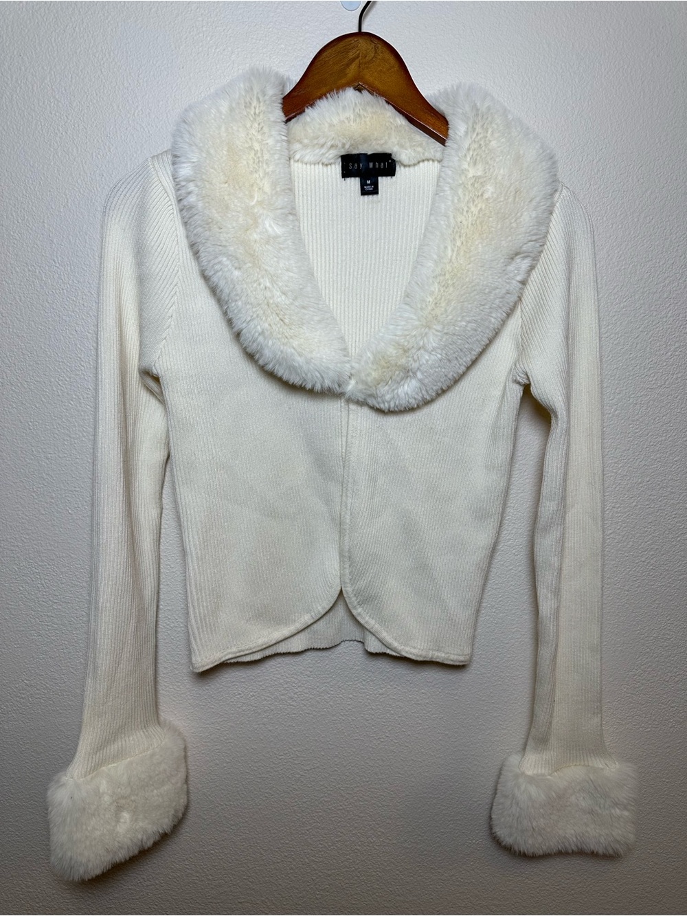 Say What? Cream Faux-Fur Trim Open Cardigan Y2K